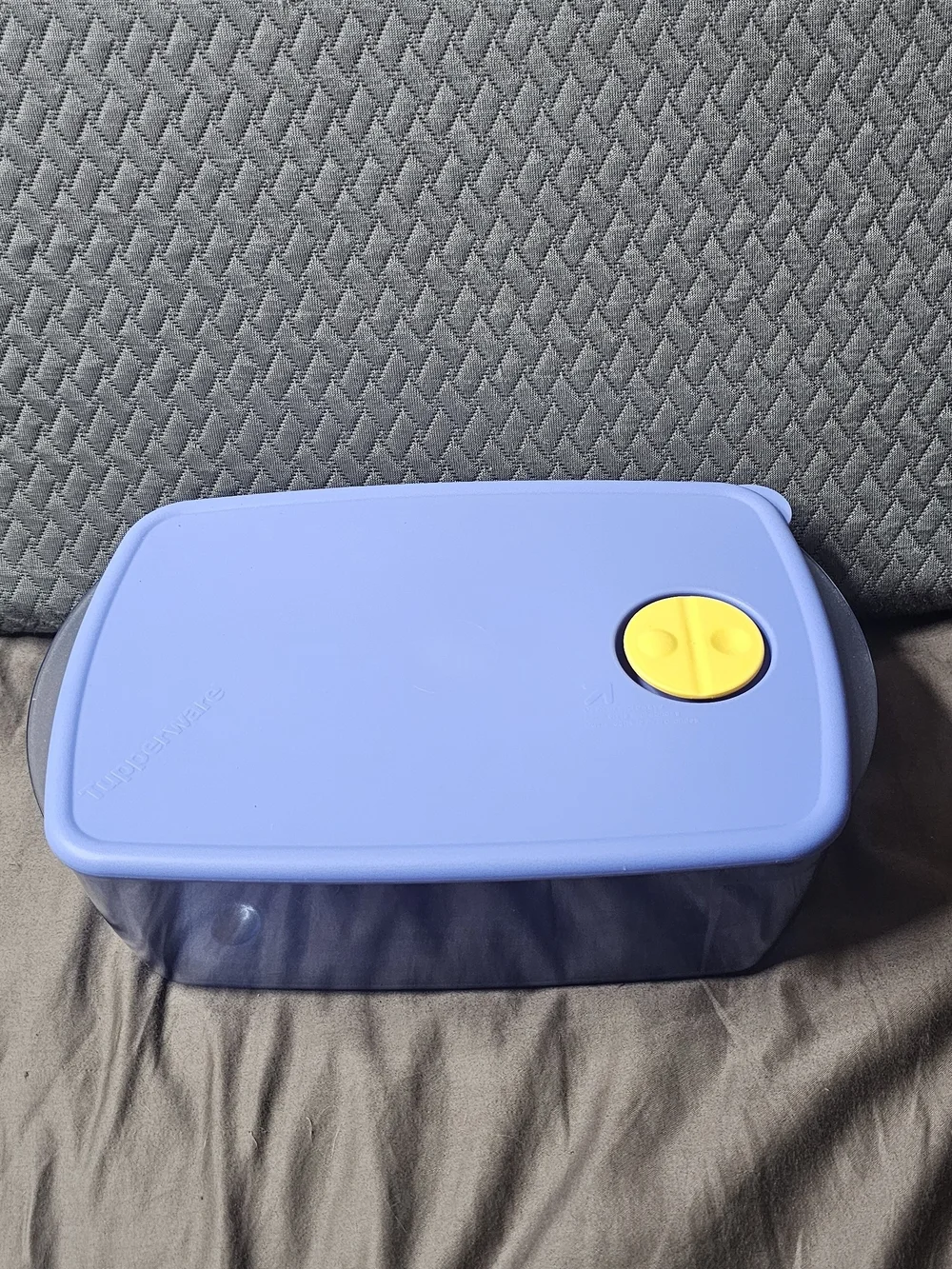 Tupperware Periwinkle Plastic Storage Container with Yellow Vent Lid